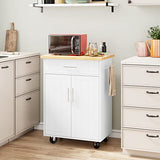 Shintenchi Rolling Kitchen Island Cart with Large Worktop, Cabinet Storage, Drawers, Towel Rack and Wheeled Side-Table Design, White