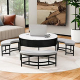 Linique Modern Round Lift-Top Coffee Table with Concealed Storage and 3 Ottomans, White + Black