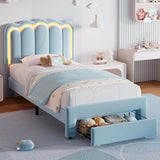 Twin Velvet Platform Bed with Adjustable Wavy Headboard, LED Lighting and Storage Drawer, Beige Upholstered Kids Bed with Solid Wood Slats, No Box Spring Required