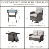 3-Piece Outdoor Patio Furniture Set with Two Swivel Rocker Chairs and Rattan Side Table, Wicker Glider Seating for Deck, Porch or Poolside, Brown and Blue