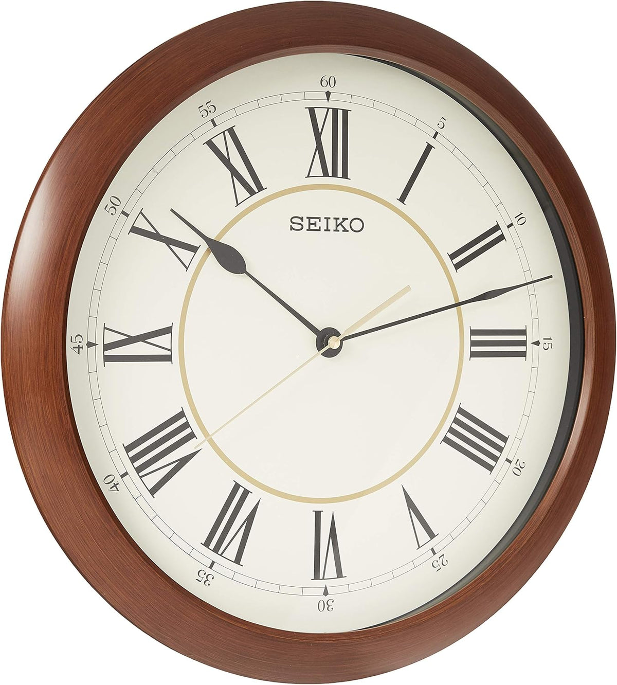 SEIKO Round Wall Clock with Roman Numerals and Wood-Finish Frame, 16 Inches