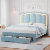 Twin Velvet Platform Bed with Adjustable Wavy Headboard, LED Lighting and Storage Drawer, Beige Upholstered Kids Bed with Solid Wood Slats, No Box Spring Required