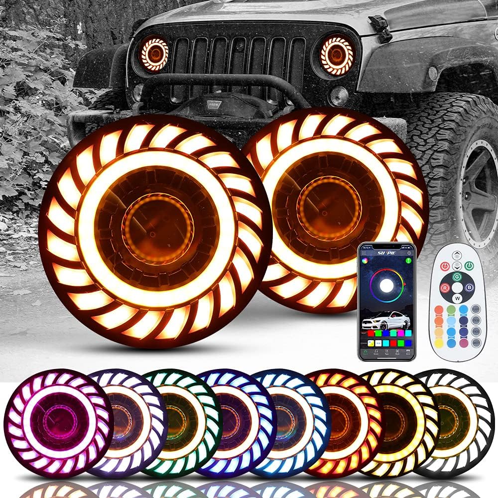 SUNPIE 7-Inch RGBW Halo Projector LED Headlights for Jeep Wrangler, with Rotating Color Effects, APP Control, Voice Mode & IP67 Waterproofing, Compatible with 2007-2018 JK/JKU and 1997-2006 TJ/TJU