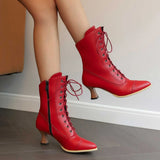 Womens Red Short Boots with Lace-Up Design, Solid Round-Toe Construction, Size 38