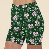 High-Waisted Womens 8-Inch Biker Shorts with Pockets, Cream Floral Athletic Yoga Workout Shorts Featuring a No-Front-Seam Design