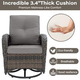 3-Piece Outdoor Patio Furniture Set with Two Swivel Rocker Chairs and Rattan Side Table, Wicker Glider Seating for Deck, Porch or Poolside, Brown and Blue