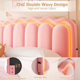 Twin Velvet Platform Bed with Adjustable Wavy Headboard, LED Lighting and Storage Drawer, Beige Upholstered Kids Bed with Solid Wood Slats, No Box Spring Required