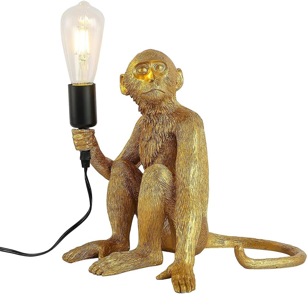 Golden Sitting Monkey Table Lamp, Vintage Resin Accent Lighting for Dining Rooms, Living Rooms, Bedrooms, Bars, and Cafes