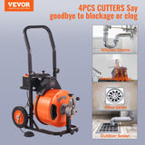 100FT x 1/2Inch Drain Cleaner Machine with Auto Feed Sewer Snake Auger, 4 Cutter, Air-Activated Foot Switch, for 1 to 4 Pipes, Orange and Black