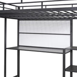 Full-Size Metal Loft Bed with Desk, Whiteboard, 3-Layer Shelves, Built-In Ladder and Storage, Heavy-Duty Black Frame for Kids, Teens, Bedrooms and Dorms