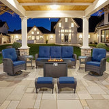 3-Piece Outdoor Patio Furniture Set with Two Swivel Rocker Chairs and Rattan Side Table, Wicker Glider Seating for Deck, Porch or Poolside, Brown and Blue
