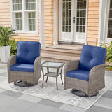 3-Piece Outdoor Patio Furniture Set with Two Swivel Rocker Chairs and Rattan Side Table, Wicker Glider Seating for Deck, Porch or Poolside, Brown and Blue
