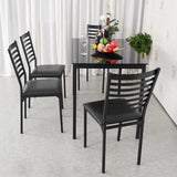 5-Piece Dining Set with Tempered Glass-Top Table and 4 Upholstered Chairs, Black Metal Frames