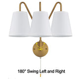 PASSICA DECOR Set of 2 Hardwired Wall Sconces with Pull Chains, Matte Black Swing-Arm Fixtures and White Fabric Shades for Bedroom, Farmhouse or Living Room