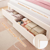 Twin Velvet Platform Bed with Adjustable Wavy Headboard, LED Lighting and Storage Drawer, Beige Upholstered Kids Bed with Solid Wood Slats, No Box Spring Required