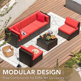 Devoko 6-Piece Beige Patio Conversation Set with Handwoven Rattan Sofa, Sectional Seating, Cushions and Glass Table