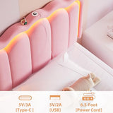 Twin Velvet Platform Bed with Adjustable Wavy Headboard, LED Lighting and Storage Drawer, Beige Upholstered Kids Bed with Solid Wood Slats, No Box Spring Required