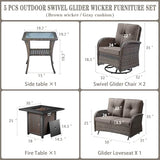 3-Piece Outdoor Patio Furniture Set with Two Swivel Rocker Chairs and Rattan Side Table, Wicker Glider Seating for Deck, Porch or Poolside, Brown and Blue