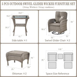 3-Piece Outdoor Patio Furniture Set with Two Swivel Rocker Chairs and Rattan Side Table, Wicker Glider Seating for Deck, Porch or Poolside, Brown and Blue