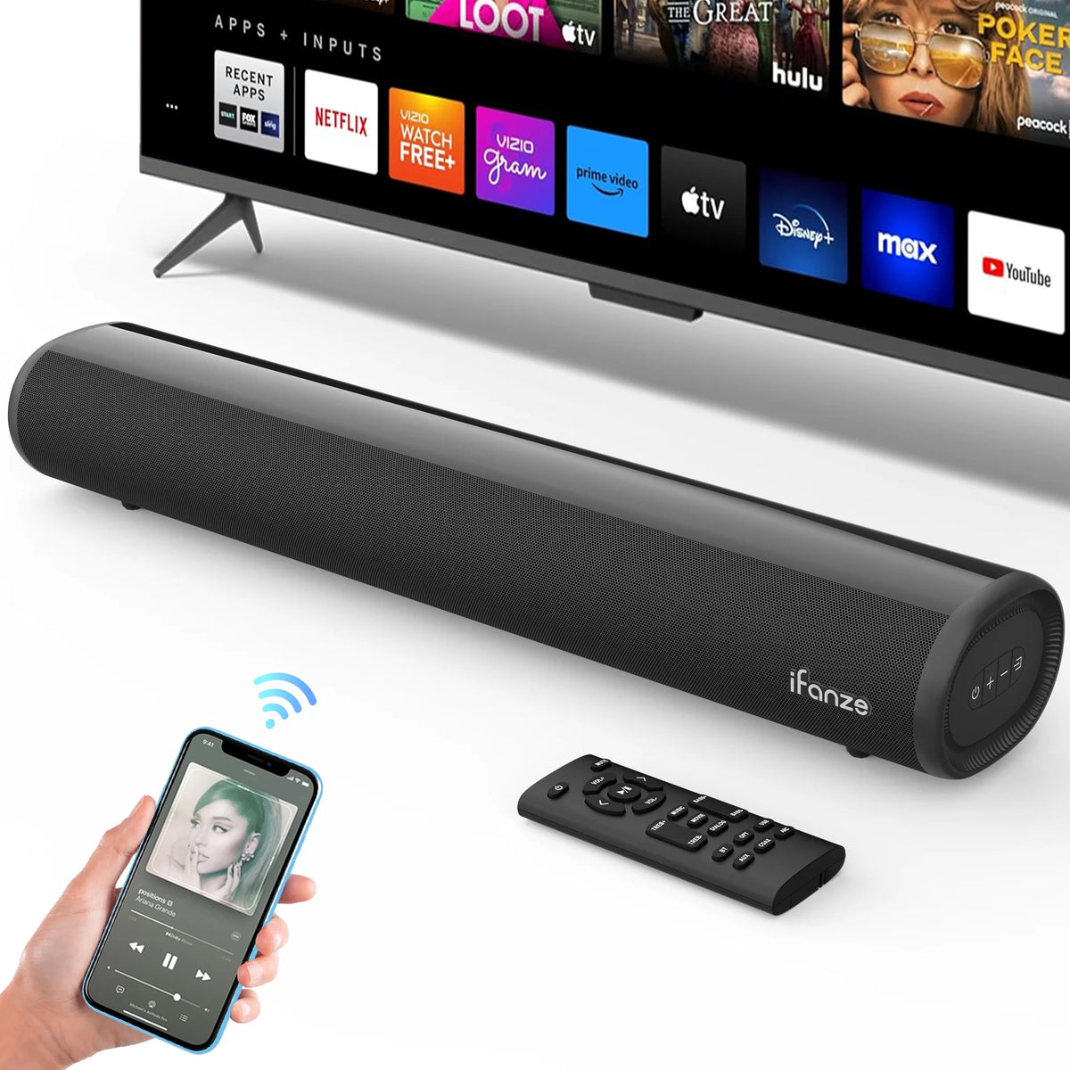 TV Soundbar with Built-In Subwoofers, Bluetooth 5.0, HDMI-ARC, Optical, AUX, Coaxial and USB Connectivity, Wired or Wireless Surround Sound with Remote