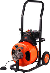 100FT x 1/2Inch Drain Cleaner Machine with Auto Feed Sewer Snake Auger, 4 Cutter, Air-Activated Foot Switch, for 1 to 4 Pipes, Orange and Black