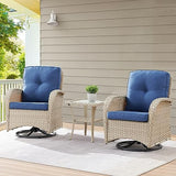 3-Piece Outdoor Patio Furniture Set with Two Swivel Rocker Chairs and Rattan Side Table, Wicker Glider Seating for Deck, Porch or Poolside, Brown and Blue