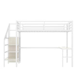 SOFTSEA Queen Size Metal Loft Bed with L-Shaped Desk, Wardrobe, USB Ports, Adjustable Shelf and LED Lighting, No Box Spring Needed, White Wood Grain