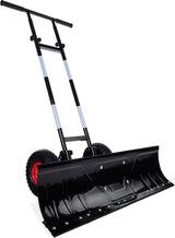 36in Galvanized Heavy-Duty Snow Pusher with 2 Wheels, Adjustable Handle & Blade Angle for Snow Removal, Black