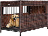 DEStar Heavy-Duty PE Rattan Wicker Dog Crate, Indoor/Outdoor Puppy Shelter with Removable Tray and UV-Resistant Cover