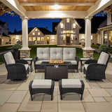 3-Piece Outdoor Patio Furniture Set with Two Swivel Rocker Chairs and Rattan Side Table, Wicker Glider Seating for Deck, Porch or Poolside, Brown and Blue