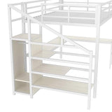 SOFTSEA Queen Size Metal Loft Bed with L-Shaped Desk, Wardrobe, USB Ports, Adjustable Shelf and LED Lighting, No Box Spring Needed, White Wood Grain