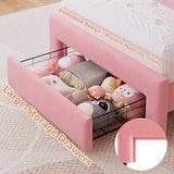Twin Velvet Platform Bed with Adjustable Wavy Headboard, LED Lighting and Storage Drawer, Beige Upholstered Kids Bed with Solid Wood Slats, No Box Spring Required