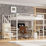 SOFTSEA Queen Size Metal Loft Bed with L-Shaped Desk, Wardrobe, USB Ports, Adjustable Shelf and LED Lighting, No Box Spring Needed, White Wood Grain