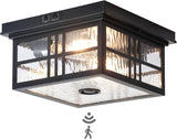 Industrial Black 2-Light Flush Mount Ceiling Lamp with Motion Sensor and Water Ripple Glass, for Porch, Entryway, or Garage, Adjustable Timer and Sensitivity