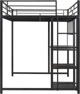 Full-Size Metal Loft Bed with Desk, Whiteboard, 3-Layer Shelves, Built-In Ladder and Storage, Heavy-Duty Black Frame for Kids, Teens, Bedrooms and Dorms