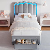 Twin Velvet Platform Bed with Adjustable Wavy Headboard, LED Lighting and Storage Drawer, Beige Upholstered Kids Bed with Solid Wood Slats, No Box Spring Required