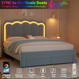 Twin Velvet Platform Bed with Adjustable Wavy Headboard, LED Lighting and Storage Drawer, Beige Upholstered Kids Bed with Solid Wood Slats, No Box Spring Required