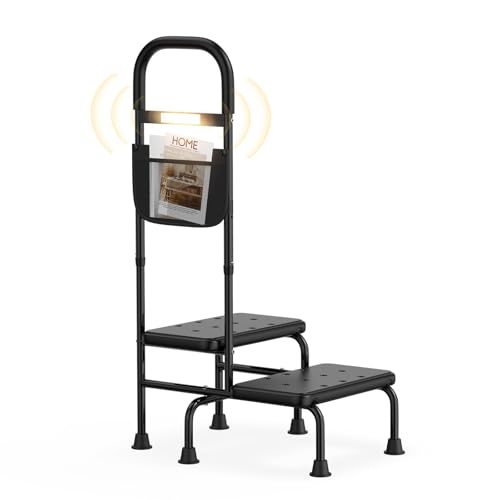 Heavy-Duty 2-Step Stool with Adjustable Handrail, Non-Skid Platform and LED Light for Seniors, Adults and High Beds